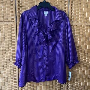 Kim Rogers deep Purple Striped Ruffle Blouse satin jewel tone size 2x